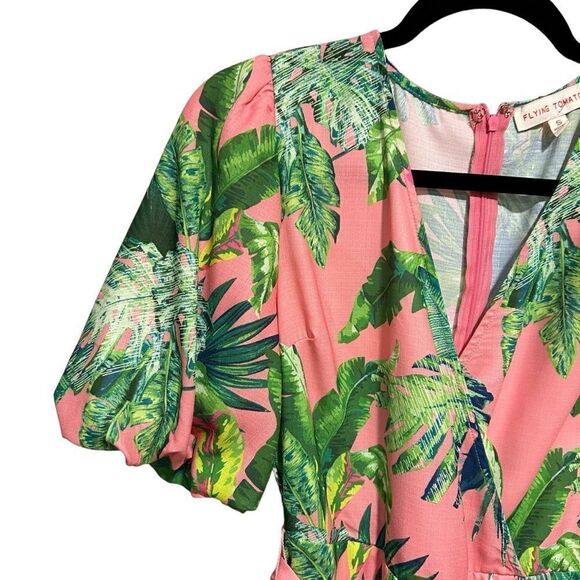 Flying Tomato B-Neck Wrap Tropic Leaf Leaves Print Dress with Puff Short Sleeves - Picture 8 of 11
